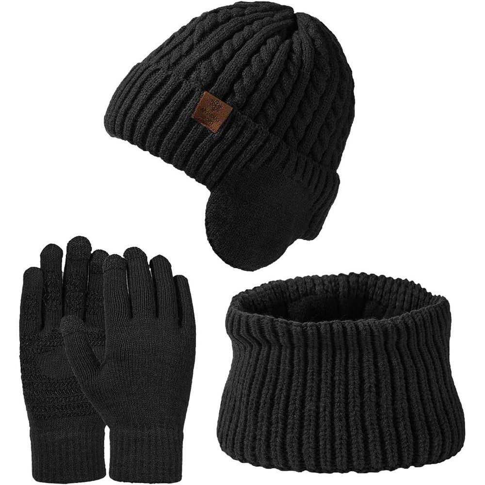 GLIESE Mütze & Schal Mütze Schal Handschuhe Set 3 in 1 Winter Warm Geschenk Set dunkel