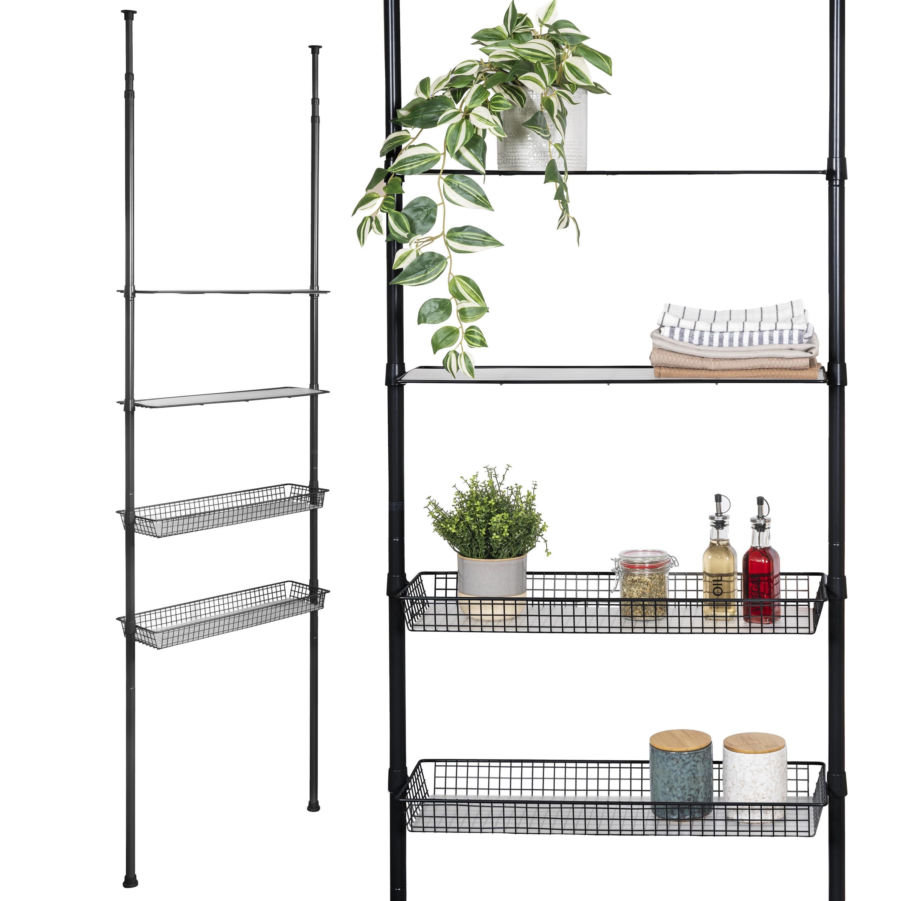 bremermann Teleskopregal 2 Körbe, 2 Ablagen, Teleskop-Stange bis max. ca. 290 cm, schwarz