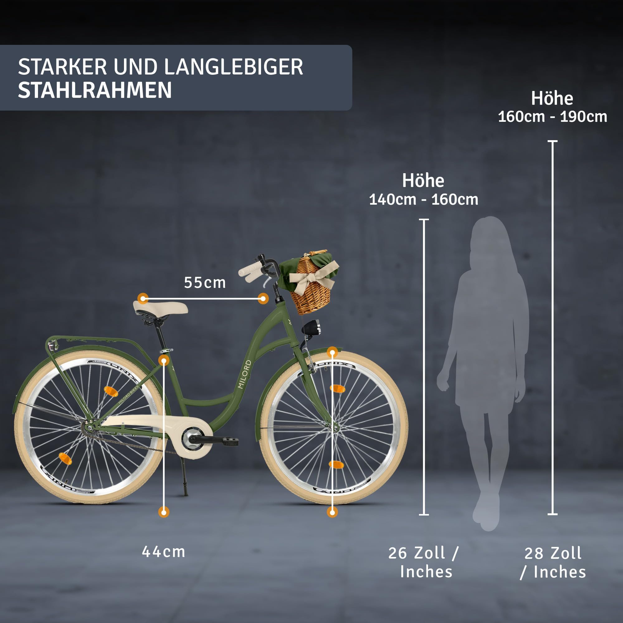 Milord Cityrad Milord City Fahrrad Weidenkorb Damen, 28/26 Zoll, Grün-Creme, 1-Gang, 1 Gang, (Fahrradständer, Gepäckträger, Klingel, Korb, Kotflügel)