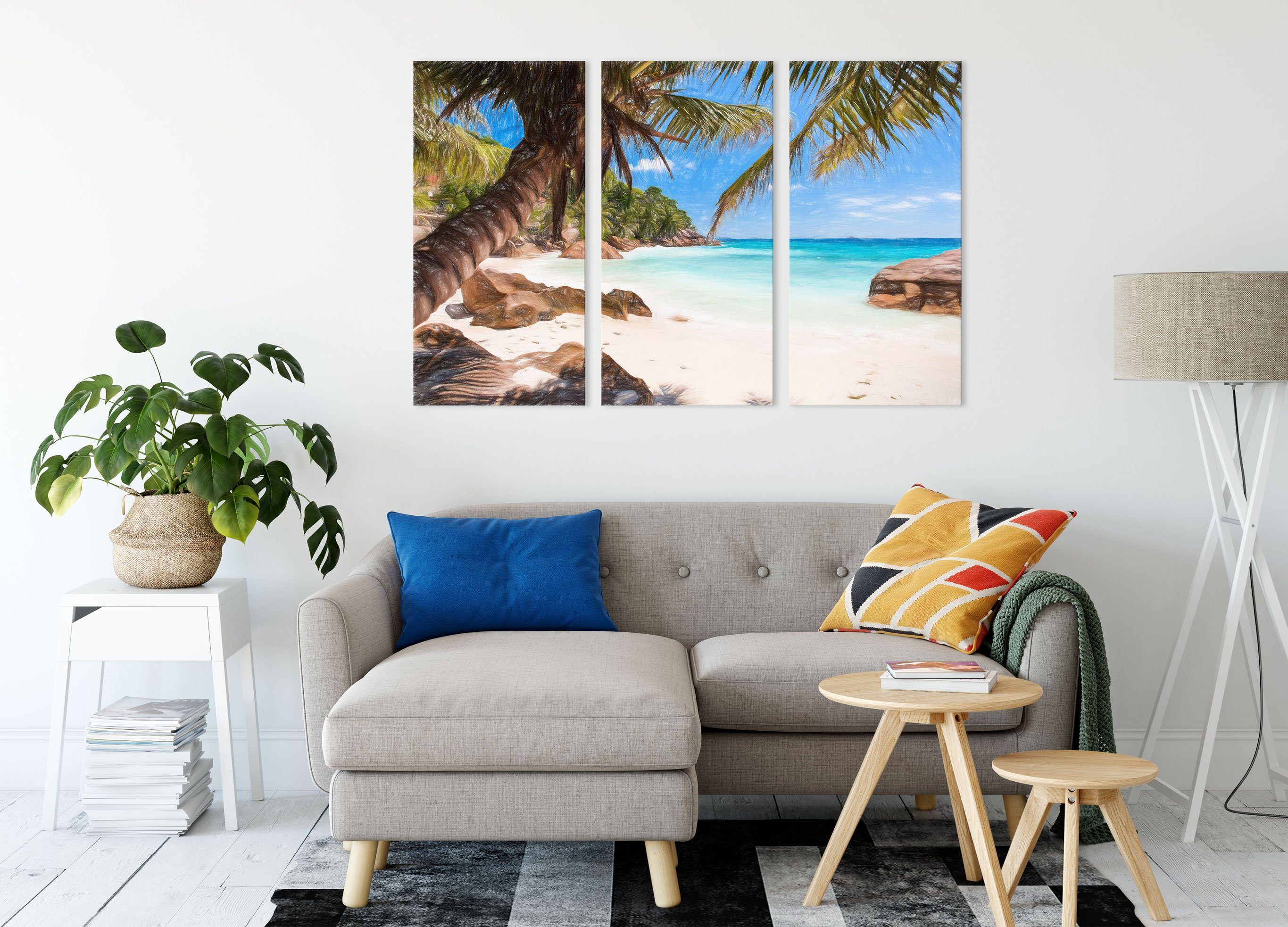 Palmenstrand Seychellen Leinwandbild Zackenaufhänger inkl. fertig (120x80cm) (1 3Teiler bespannt, Leinwandbild Seychellen, Pixxprint St), Palmenstrand