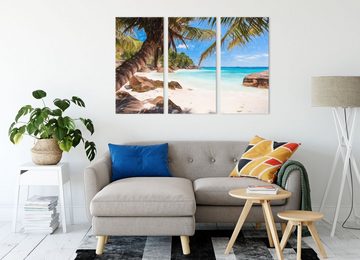 Pixxprint Leinwandbild Palmenstrand Seychellen, Palmenstrand Seychellen 3Teiler (120x80cm) (1 St), Leinwandbild fertig bespannt, inkl. Zackenaufhänger