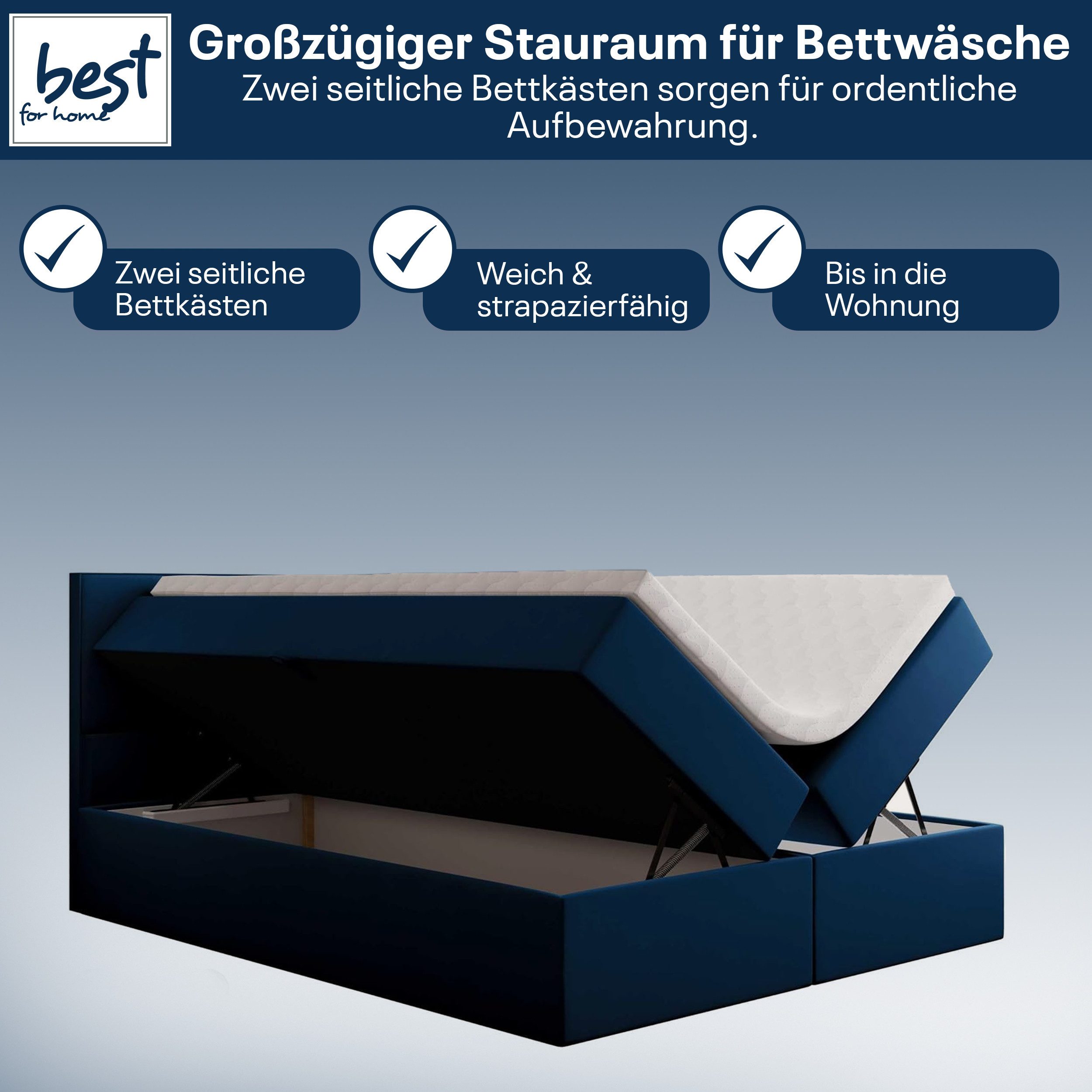 Best for Home Boxspringbett Boxspring bett mit Bonellfederkern&Komfort-Topper und Stauraum (1-teilig, 4-St., 140x200 160x200 180x200 200x200), Handwerksqualität, TOP Preis-Leistungs-Verhältnis