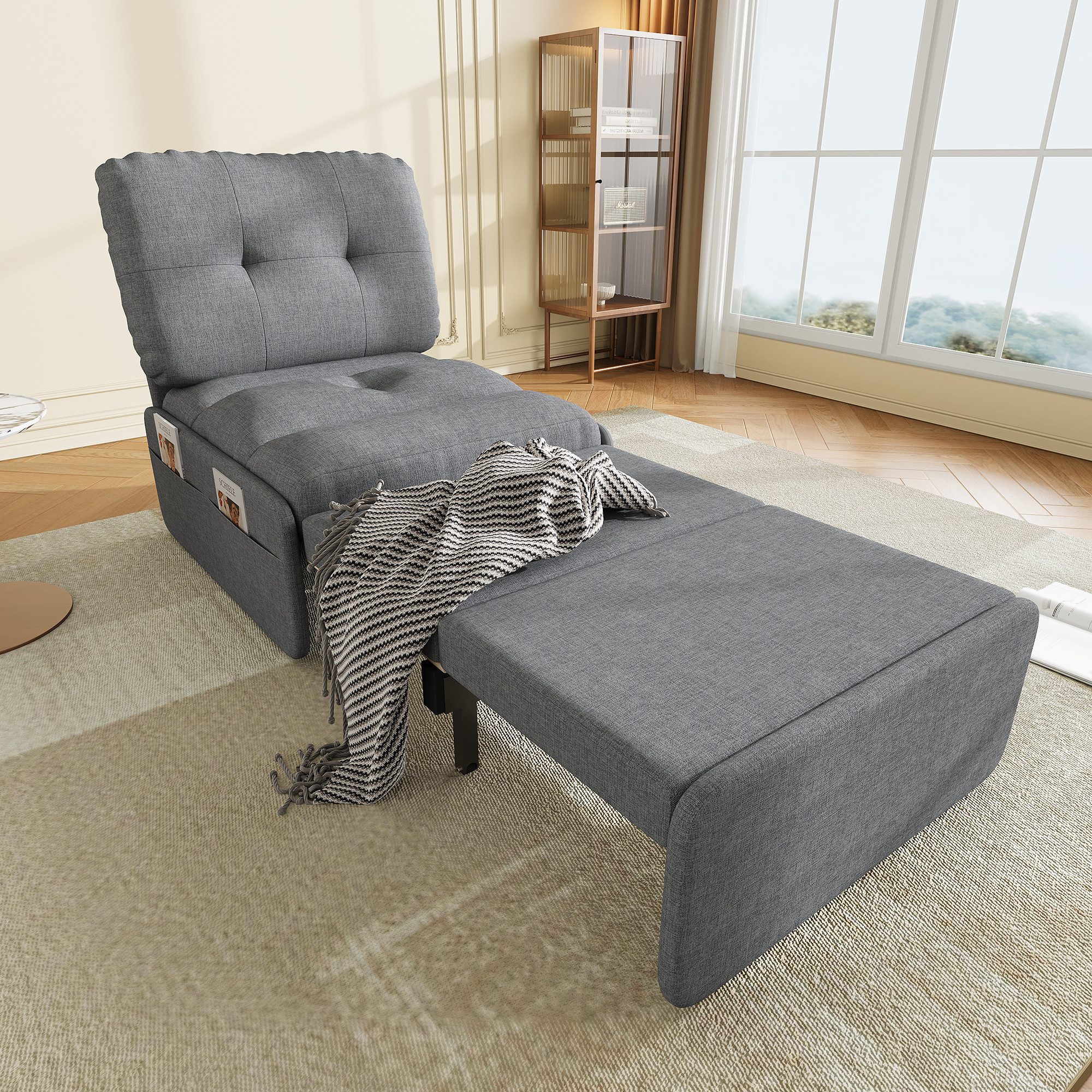 Merax Schlafsofa 2-in-1 Schlafsessel mit Ausziehfunktion, Schlafsessel Sessel 1 Teile, Einzelsessel Gästebett mit 80x165 cm Liegefläche, Leinenbezug