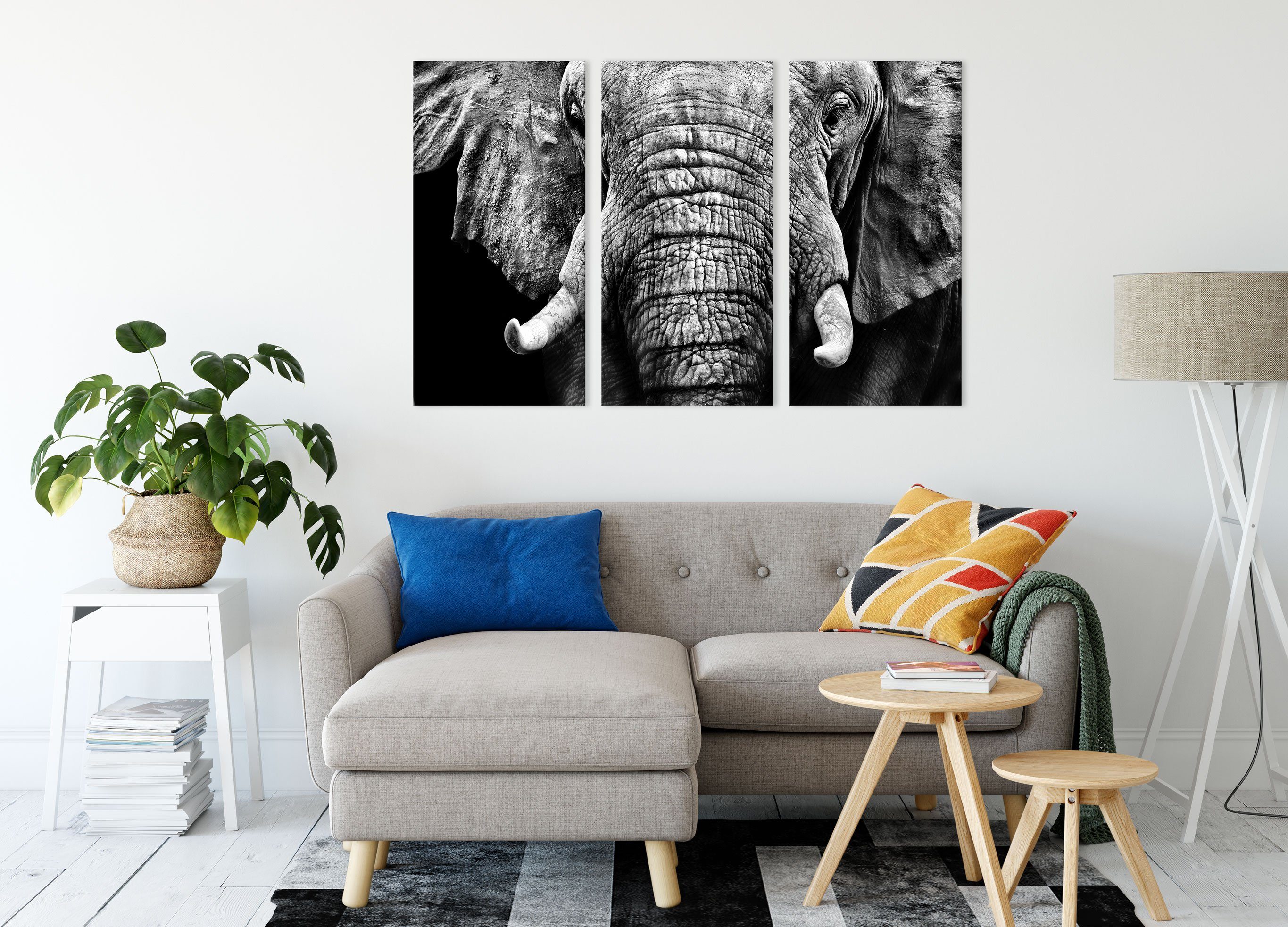 bespannt, 3Teiler (120x80cm) Pixxprint Zackenaufhänger (1 Leinwandbild Elefant Porträt, Leinwandbild Elefant fertig inkl. St), Porträt