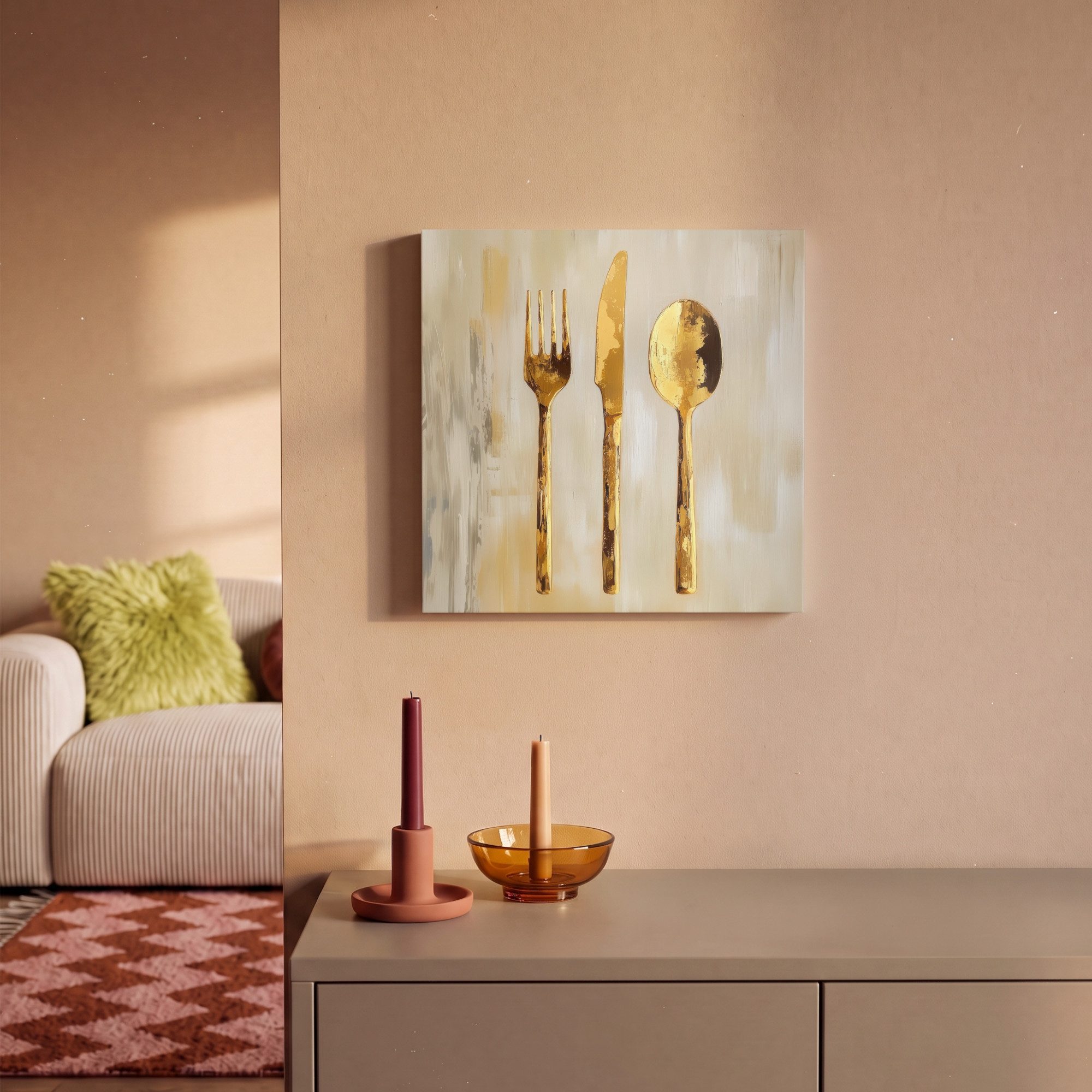 OneMillionCanvasses® Leinwandbild Farbe - Gold - Besteck - Küche, Fotodruck (1 St), Leinwand Canvas Wandbild, Wanddekoration 20x30 cm – Bild 2 von 5