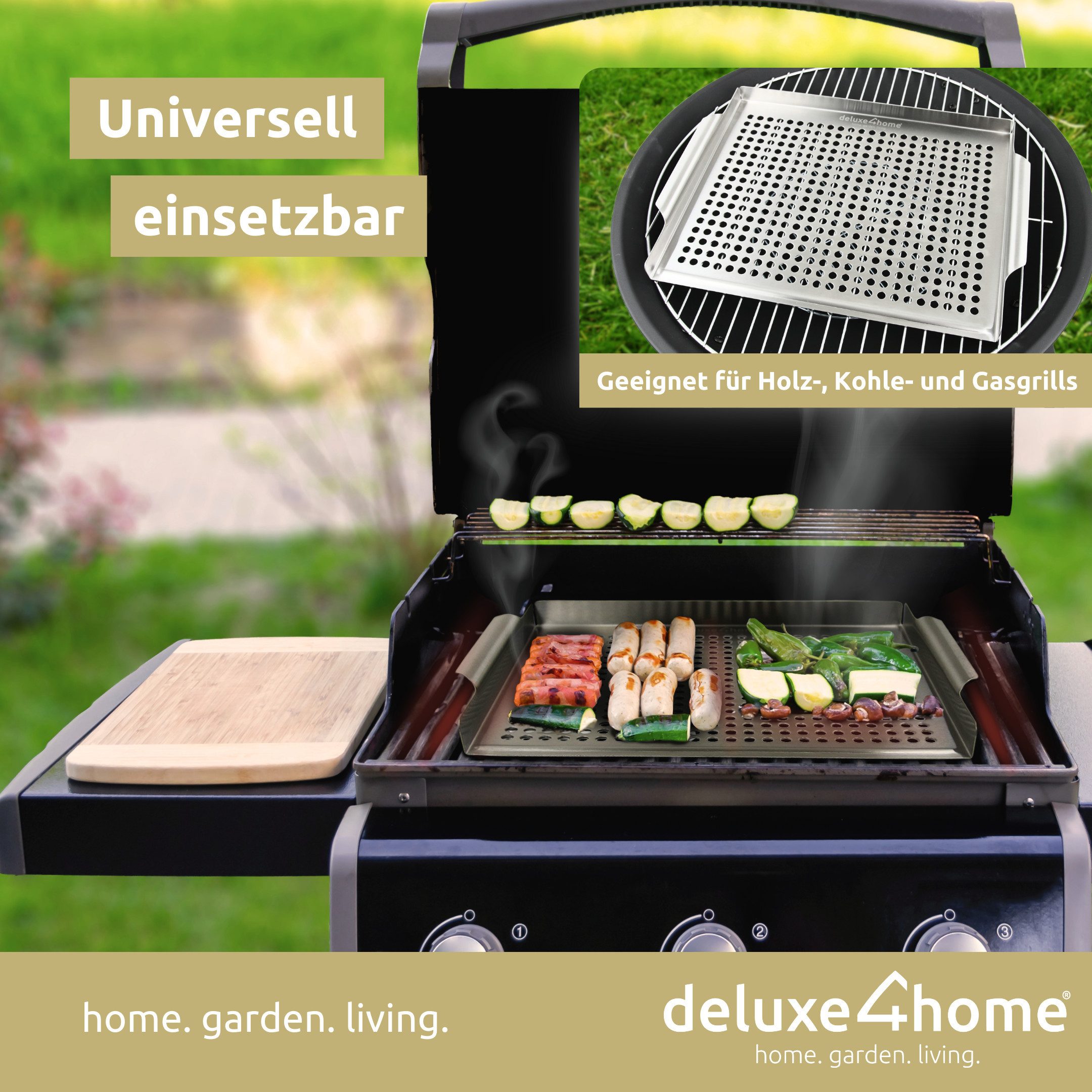 deluxe4home Grillschale Grillplatte aus Edelstahl I BBQ-Platte 40x30 cm aus 100% Edelstahl, Für Grillgemüse & empfindliches Grillgut