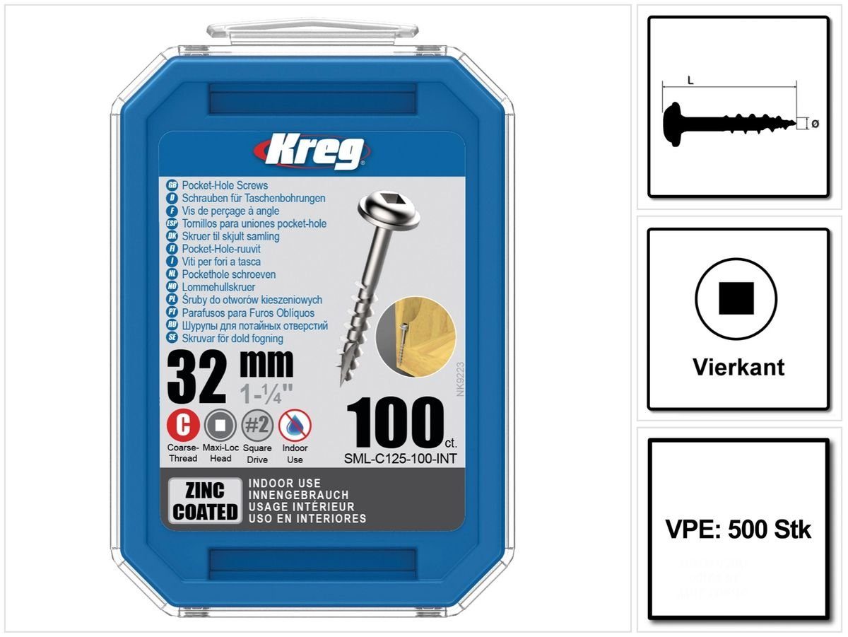 Kreg Schraube Pocket-Hole Linsenkopfschraube 32 mm 500 Stk (SML-C125-500) Vierkan