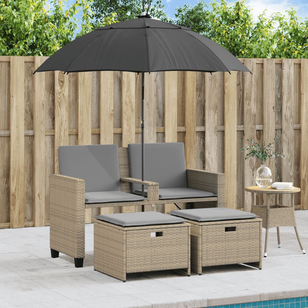 vidaXL Loungesofa Gartensofa 2-Sitzer Sonnenschirm und Hocker Beige Poly-Rattan, 1 Teile