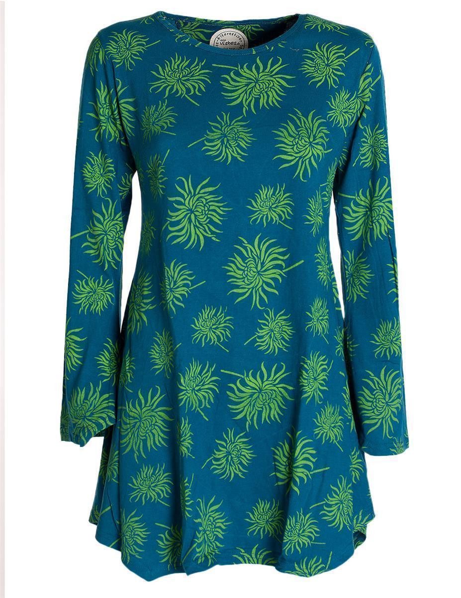 Vishes Tunikakleid Vishes - Langarm Damen Blumen-Tunika Shirt-Kleid Glockenärmel Baumwoll Hippie, Boho, Goa Style