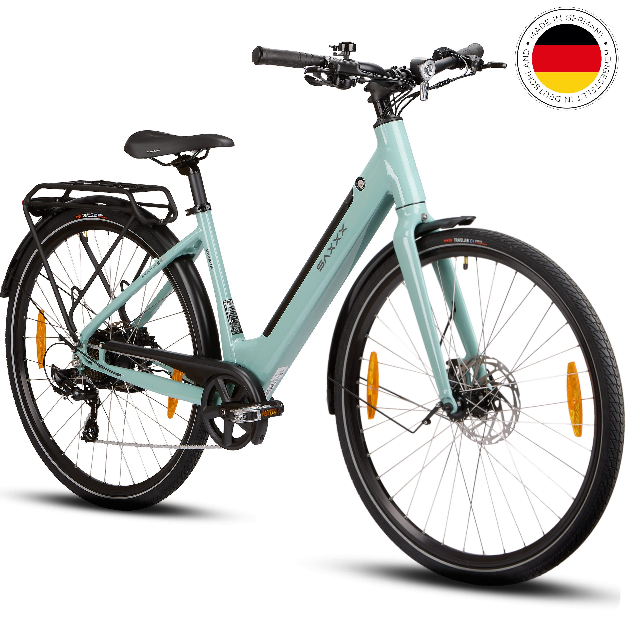 SAXXX E-Bike Cityrad 28 Zoll für Damen und Herren, Elektrofahrrad nur 21,5kg, bis zu 90km, 7 Gang Shimano SL-M315-7R Schaltwerk, Kettenschaltung, Heckmotor, 418 Wh, E-Cityrad, Farb-LCD, RH: 45cm/48cm, Tektro hydr. Scheibenbremsen
