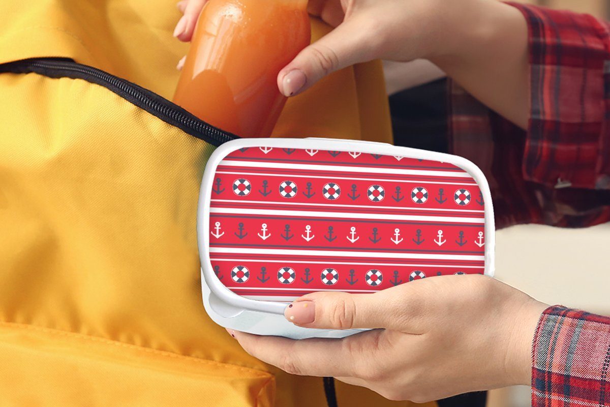 MuchoWow Lunchbox Anker - Brotdose, - Erwachsene, Mädchen - und Rettungsring - Kinder Brotbox für Muster, für Jungs Marine (2-tlg), und weiß Seemann Kunststoff