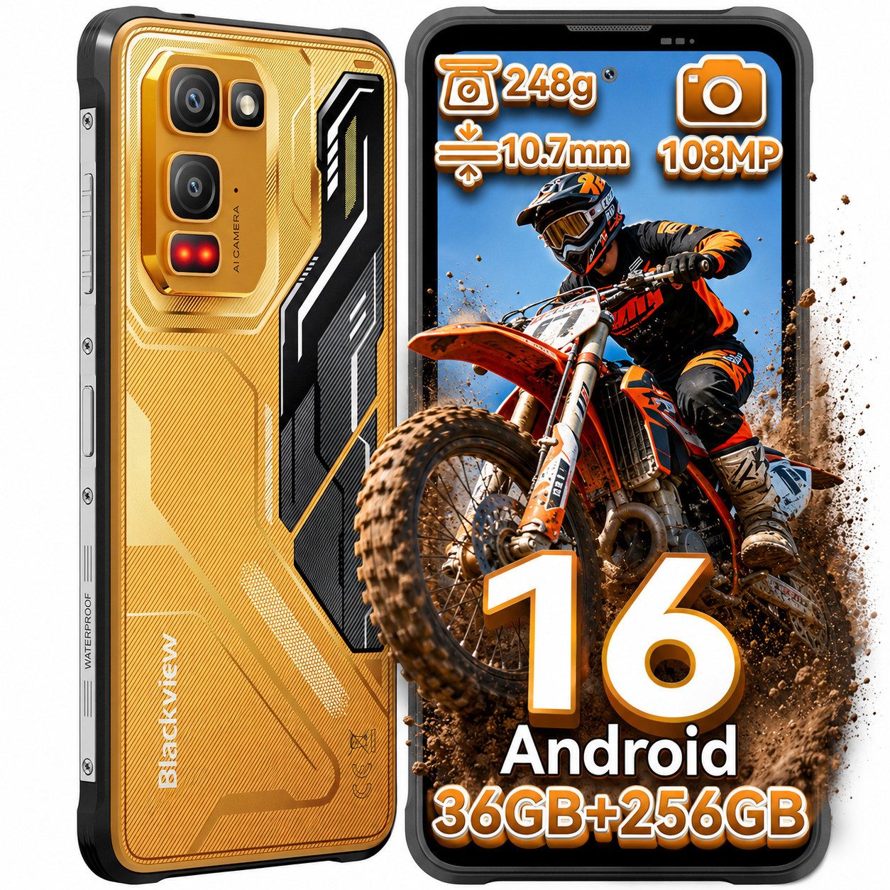 blackview Android 16, 256 GB, AI Outdoor, 108 MP Smartphone (Amdroid 16, 108MP, 120Hz, IP68/IP69K, NFC, Night vision)