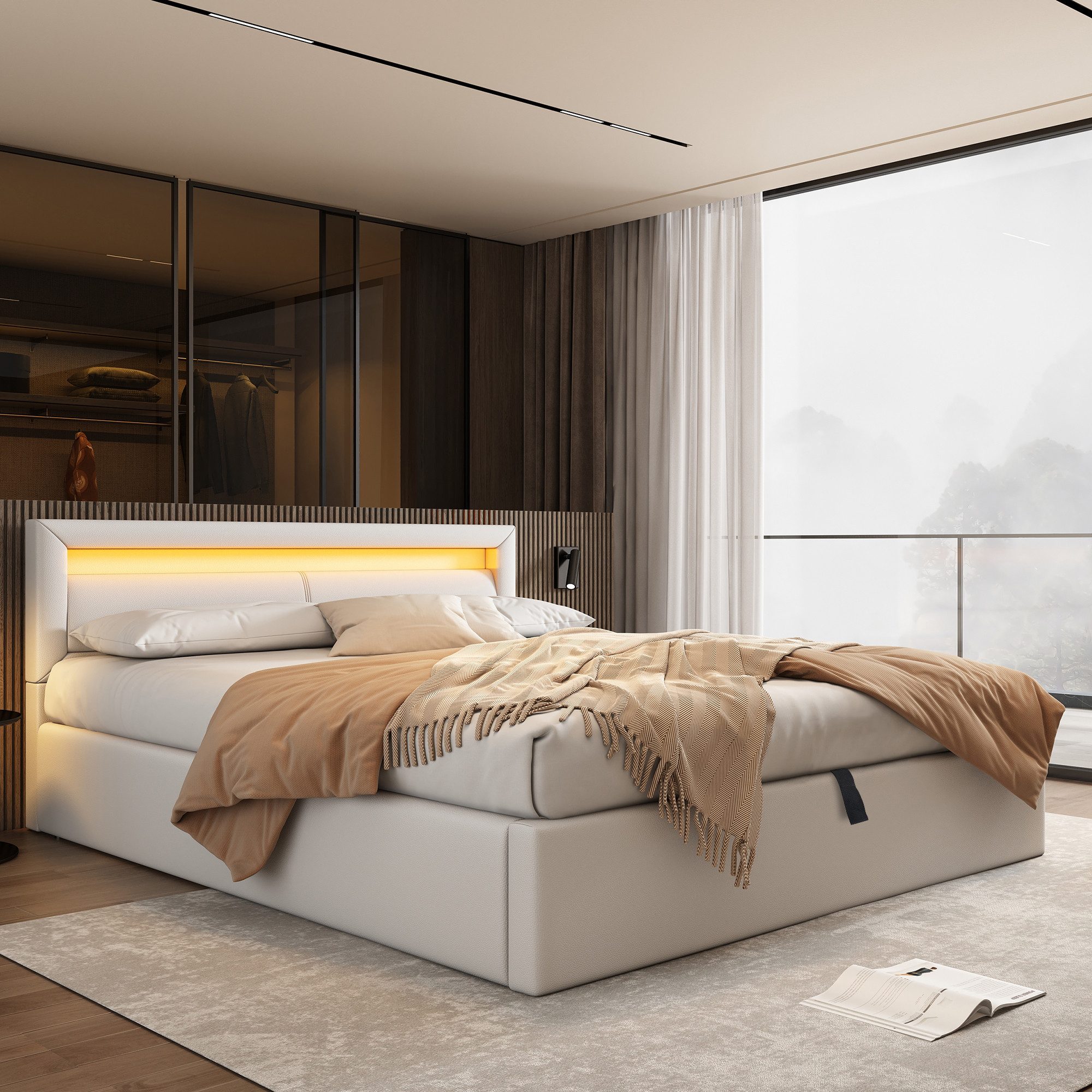 SOFTWEARY Polsterbett mit Lattenrost und LED-Beleuchtung günstig online kaufen