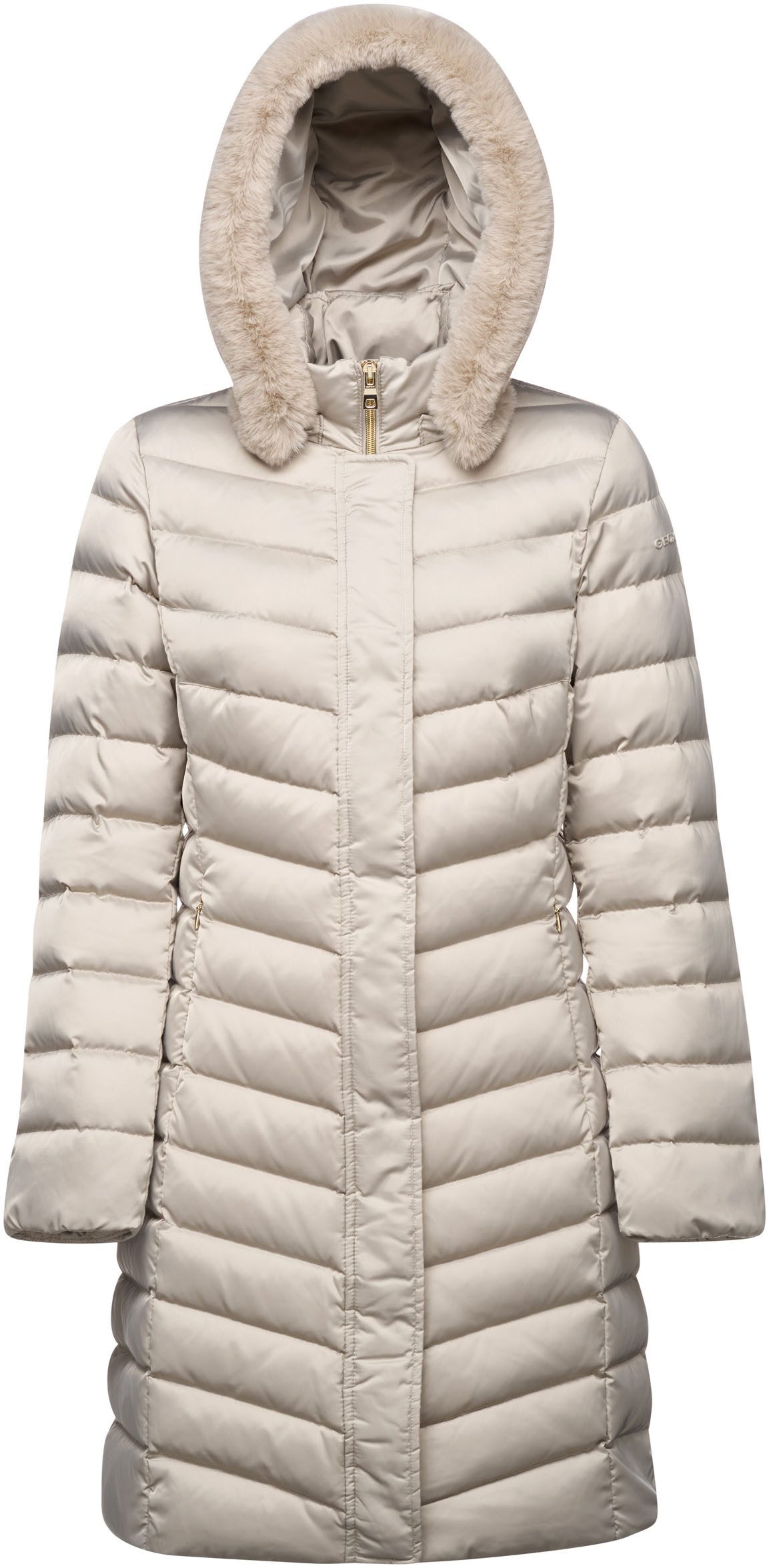 Geox Steppmantel BETTANIE mit abnehmbarer Kapuze, Fellimitat, verdeckter Reißverschluss