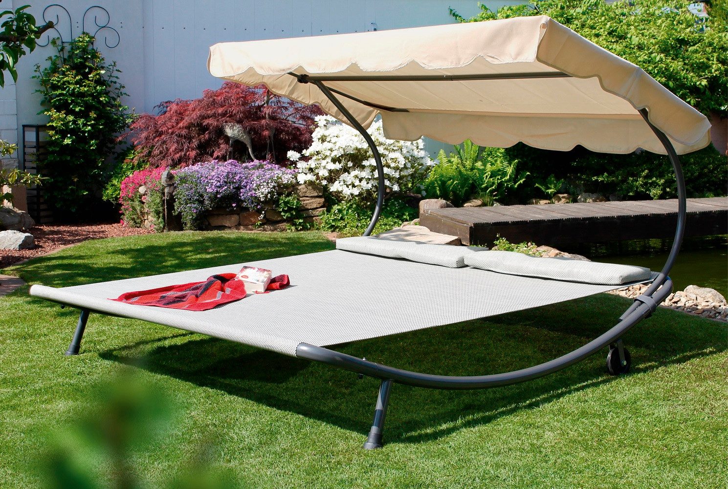 Leco Doppelliege Natur Doppelliege Sonnenliege Liege für 2 Personen, verstellbares Sonnendach, mit Rollen