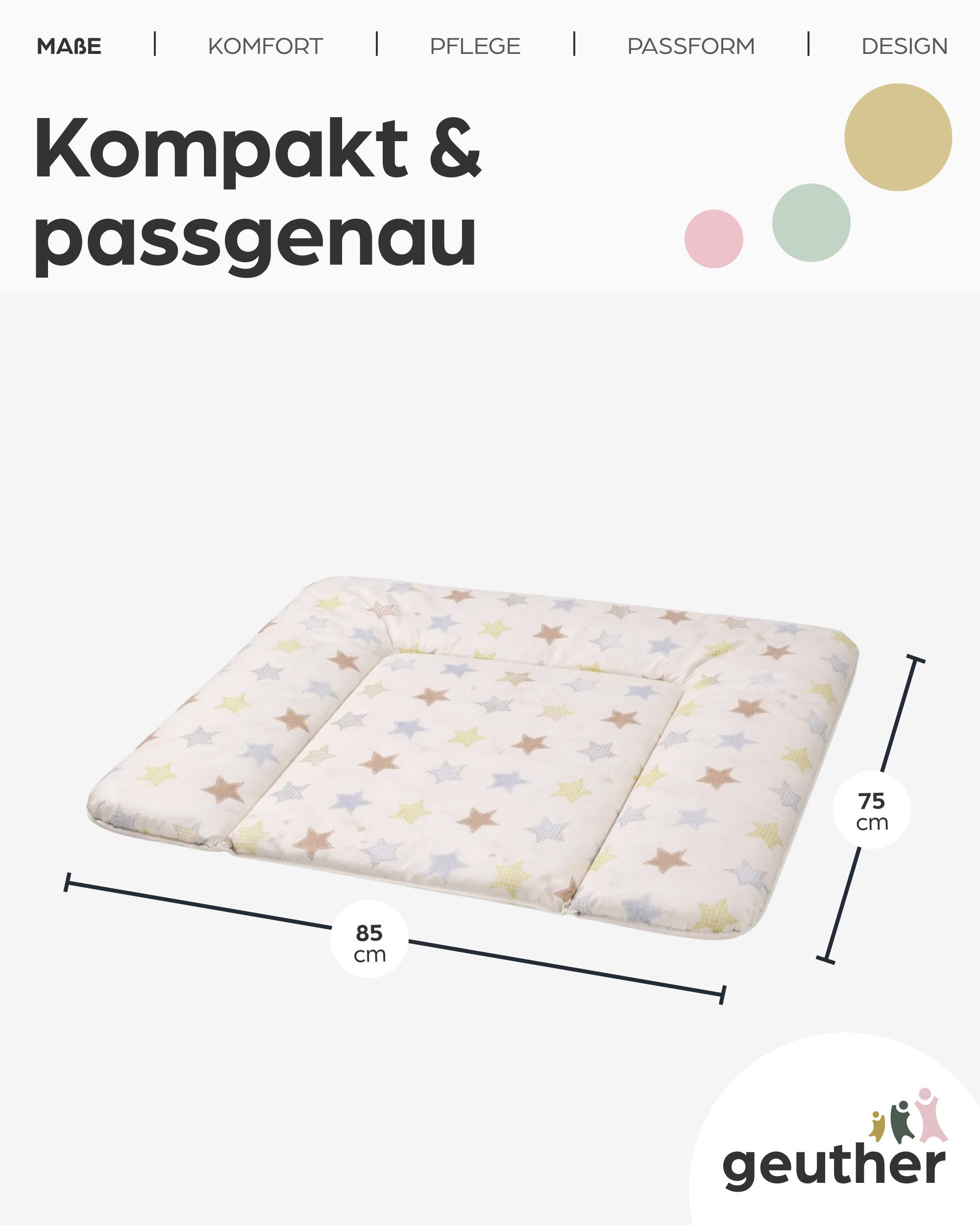 Geuther Wickelauflage Lena 85x75 cm, weich gepolstert & abwischbar, mit Sicherheitsrand, Made in Europe, abwischbar