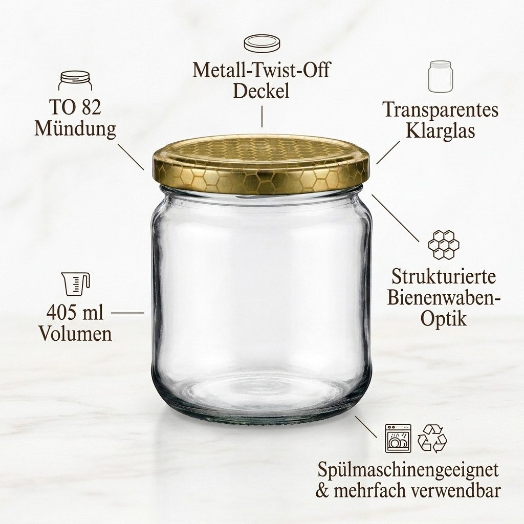 gouveo Honigglas 500g mit Schraub-Deckel - Leere Vorratsgläser 405 ml für Honig, Metall TO82 Bienenwabe, (12-tlg)