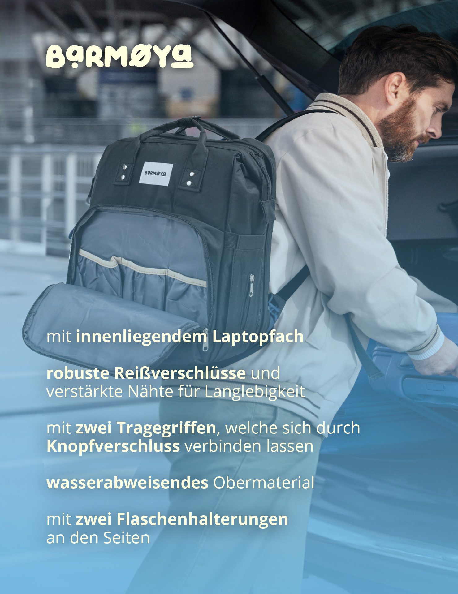 Barmøya Wickelrucksack 2 in 1, Isolierte Flaschenhalter, Laptopfach