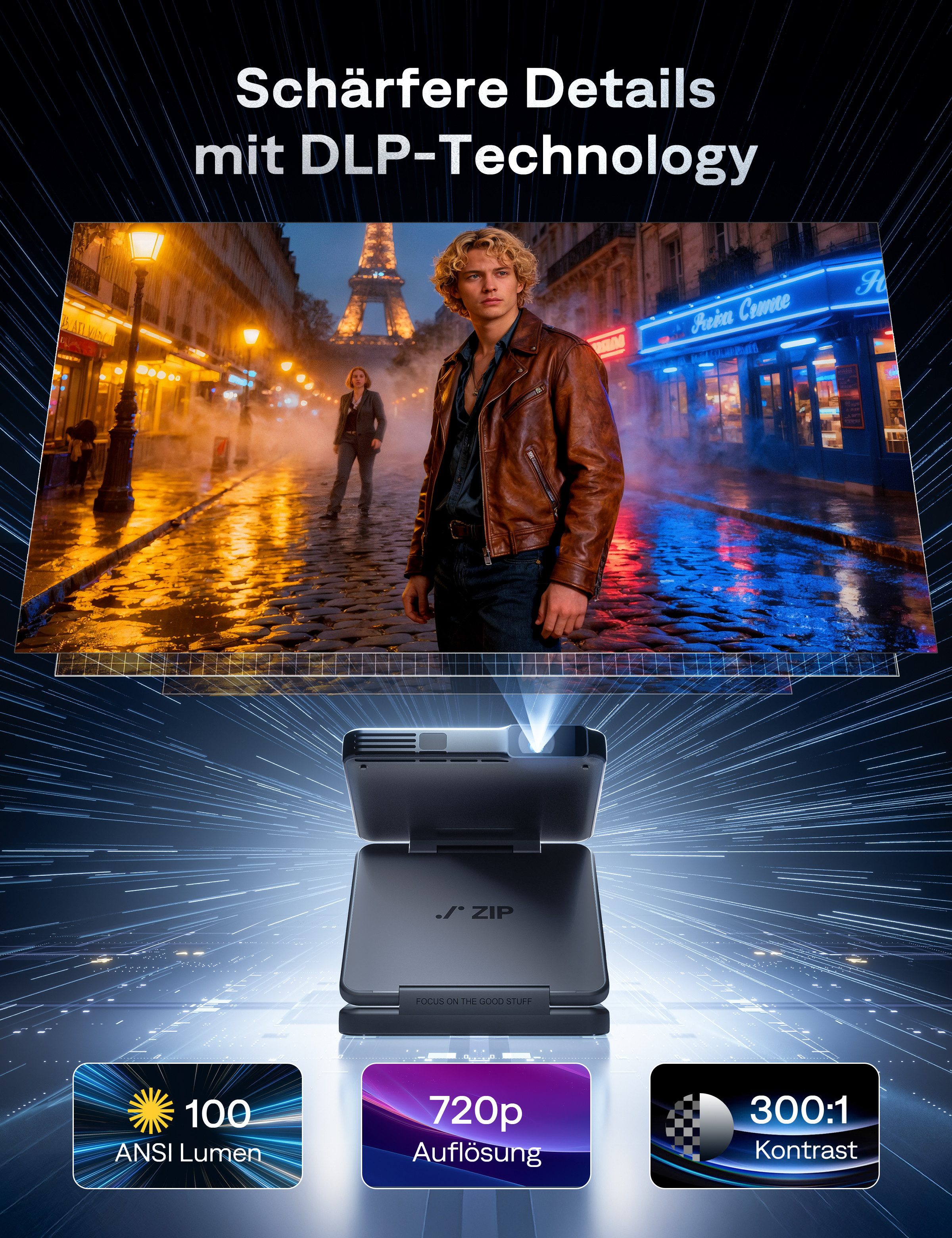 Aurzen 4K Unterstützt ZIP Tri-Fold DLP Mini-Projektor Taschenformat Beamer (1920 x 1080 px, Autofokus ohne Verzögerung, 1-Klick-Spiegelung, Vollbildmodus) grau