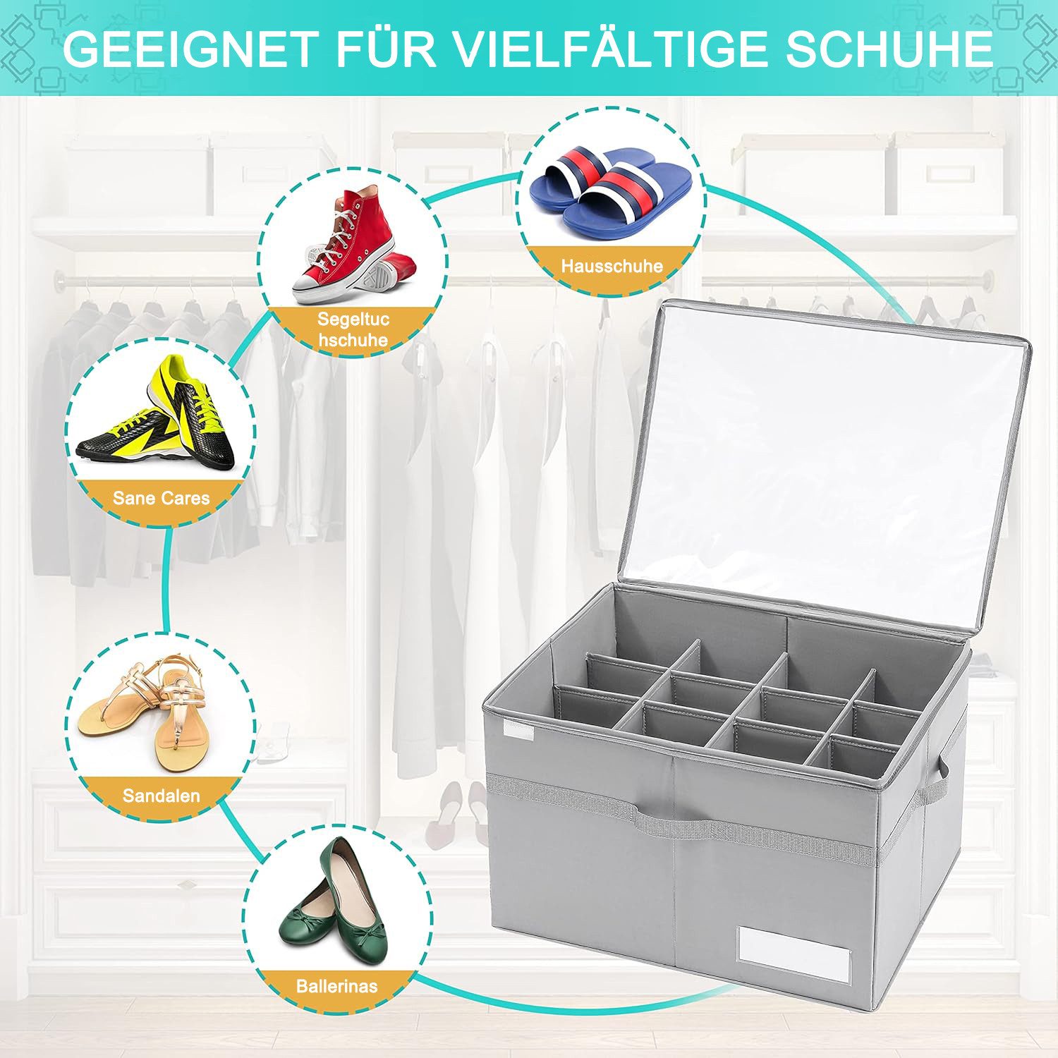 REDOM Schuhbox Schuhorganizer faltbarer Schuhkarton mit 16 Fächern (Schuhaufbewahrungsbox Shoe Rack Schuh Organizer, 1 St., Passt 16 Paare Schuhe, mit Griffen durchsichtigem Deckel), für Kinder, Erwachsene, Sneakers, Stiefel, Hausschuhe usw.
