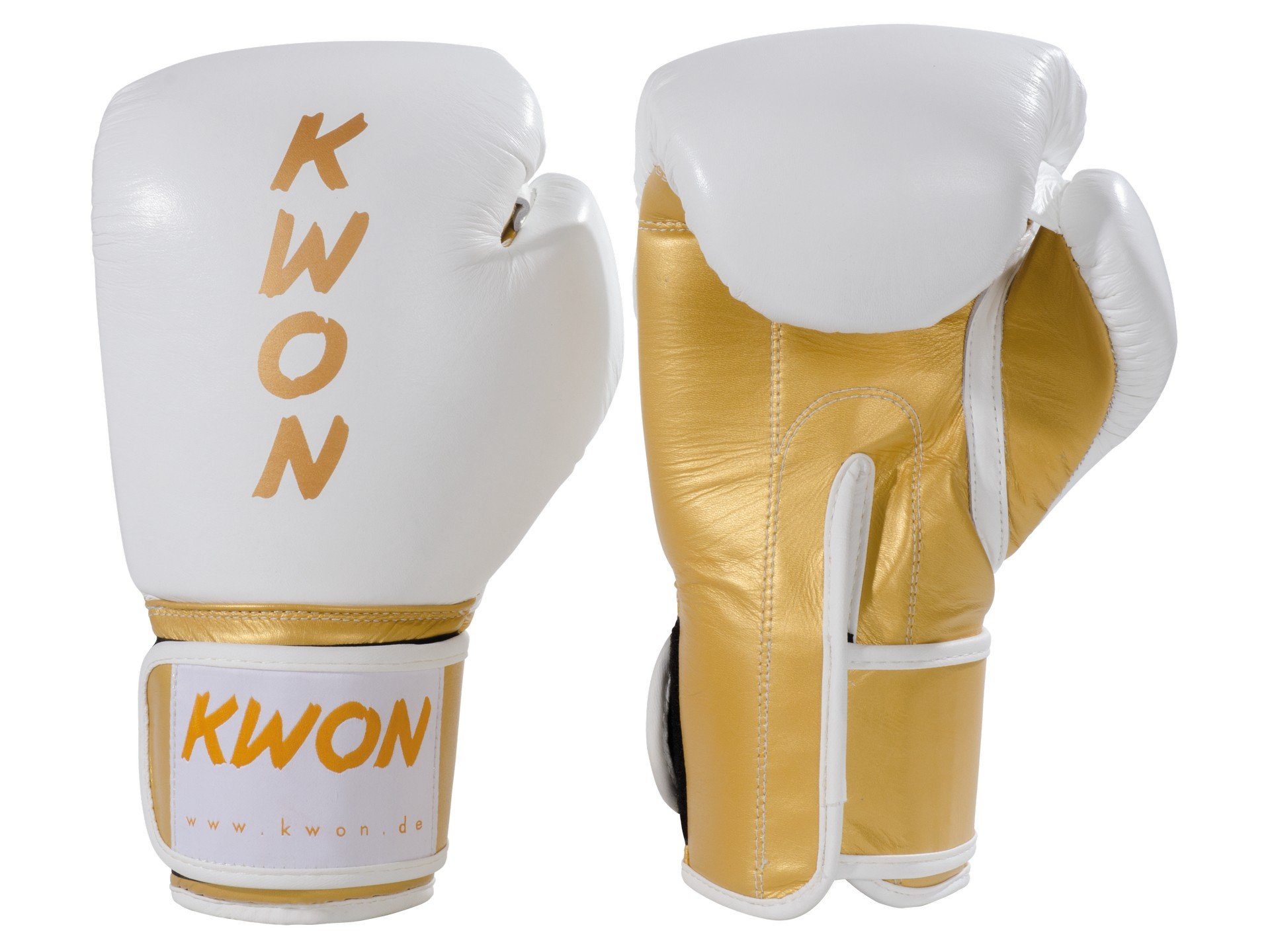 KWON Boxhandschuhe KO Champ Profi Leder Box-Handschuhe weiß gold Kickboxen Boxen MMA (Ergo Form, Profi), 10 und 12 Unzen, Gold Edition, Echtes Leder, Ergo Form