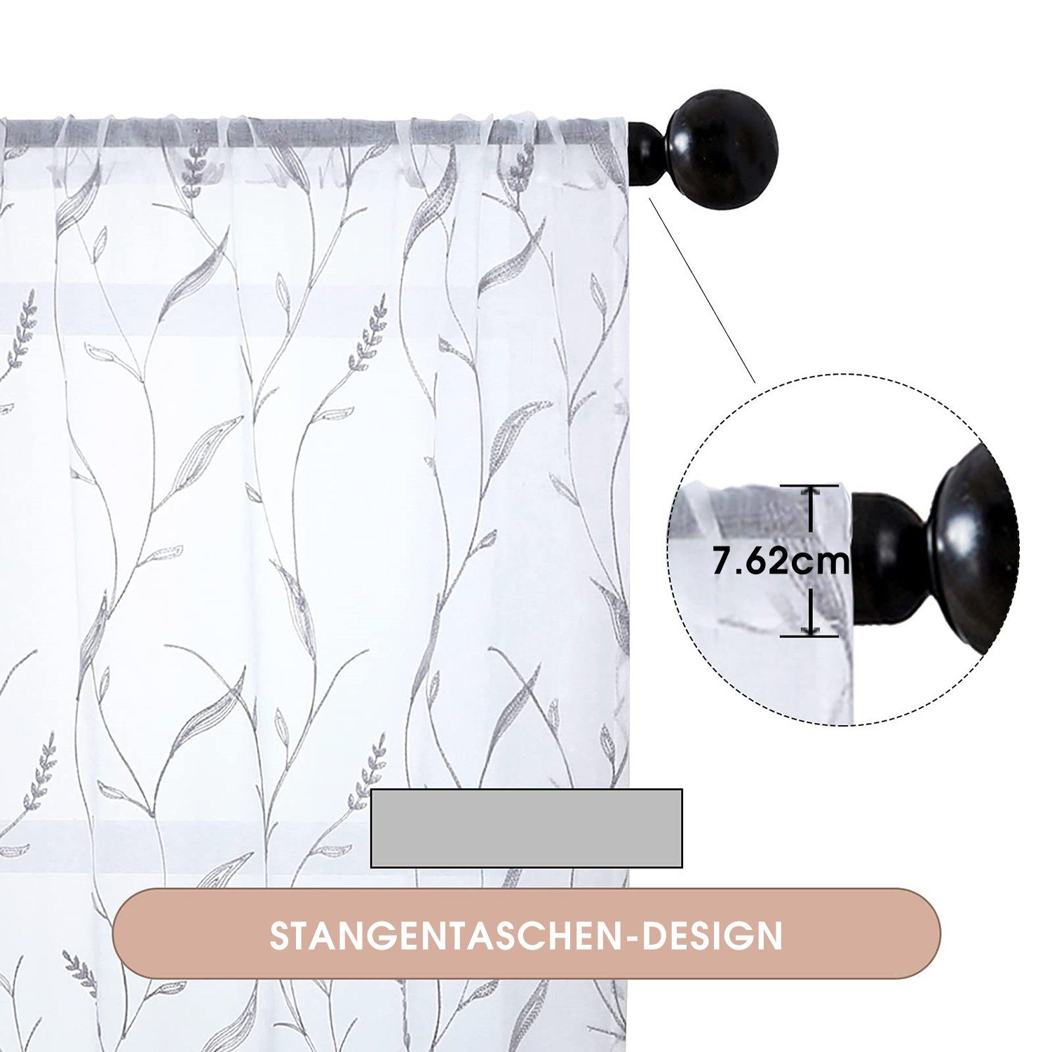 Gardine, blätte-Stickerei HOMEIDEAS, (2 St), Stangendurchzug Grau halbtransparent, Polyester,