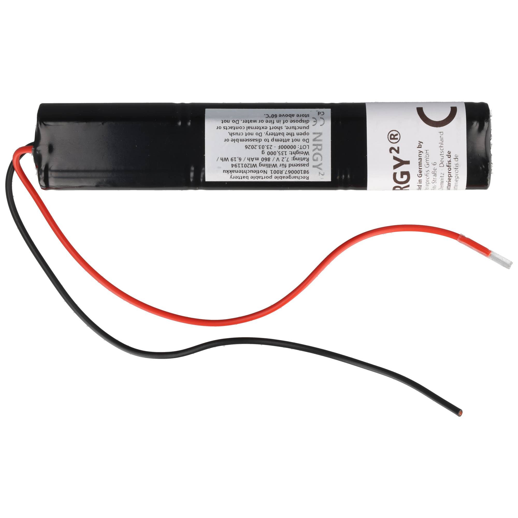 AccuCell Notleuchtenakku NiMH 7,2V 1000mAh L2x3 Mignon AA mit 200mm Kabel eins Akku 860 mAh (7,2 V)