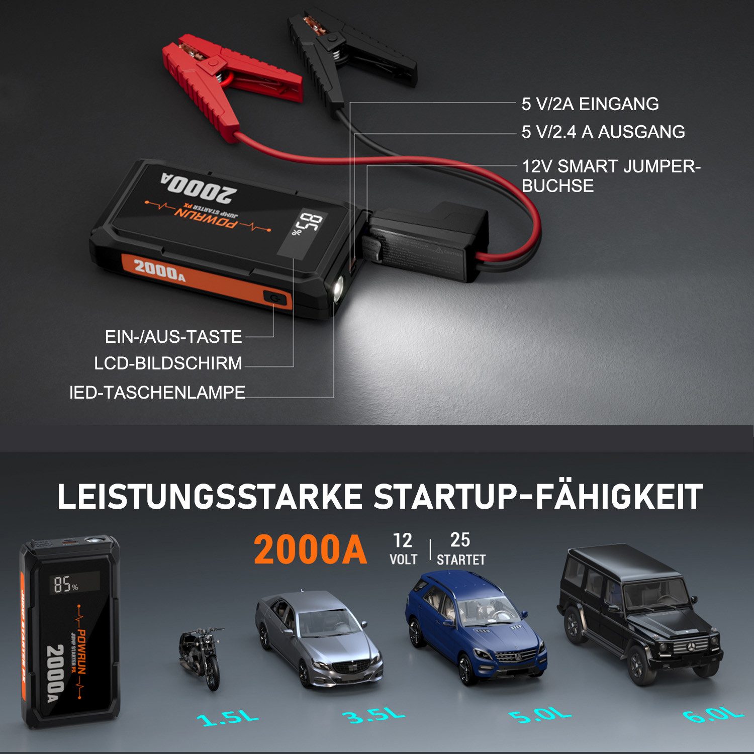 MOPUEA Jump Starter Power Bank 2000A with LED, LCD, USB, Car Battery Booster Car Battery Charger (10000 mA, Single Item, 1× Jump Starter, Cable, Bag, USB Cable, Instructions, 2000A Starting Current, LCD, Power Bank, LED, Protection System)