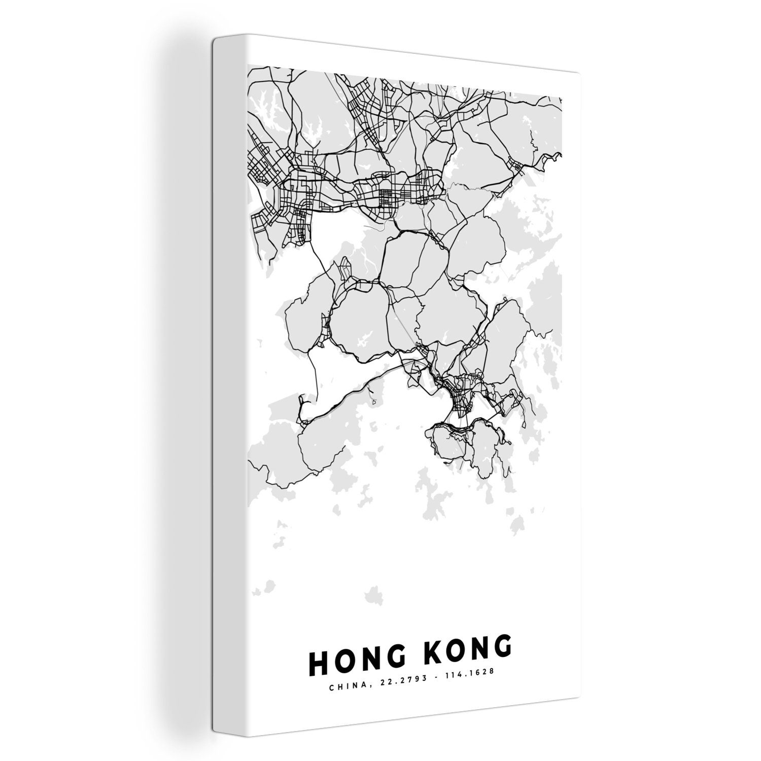 OneMillionCanvasses® Leinwandbild Hongkong - Stadtplan - Schwarz und weiß - Karte, (1 St), Leinwandbild fertig bespannt inkl. Zackenaufhänger, Gemälde, 20x30 cm