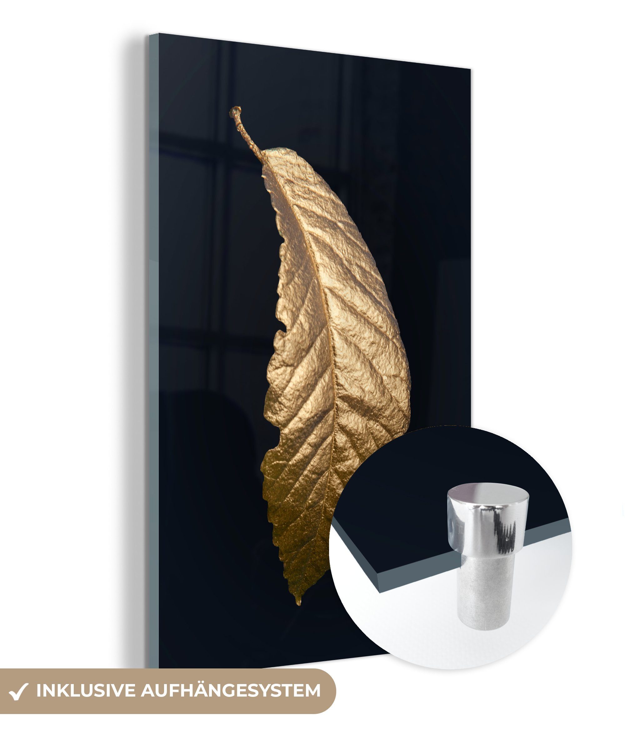 (1 auf St), Acrylglasbild - Foto - Glasbilder Gold, - Bilder Blatt bunt Wanddekoration - Baum Wandbild Glas auf Glas MuchoWow -