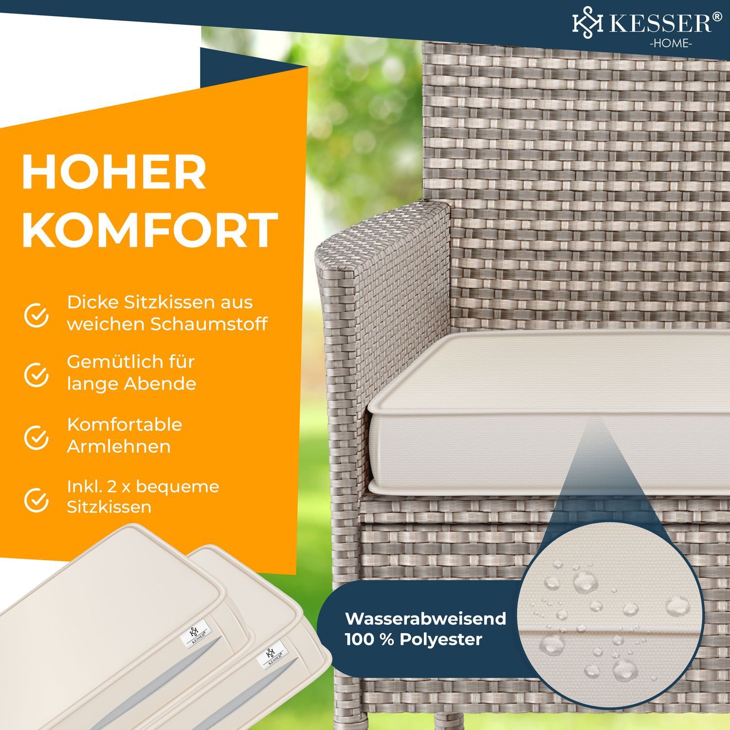 KESSER Gartenbank, Polyrattan Gartenbank 2-Sitzer Bank mit integriertem Tisch