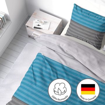Bettwäsche Biber Bettwäsche 135x200 2tlg. Blau / Beige Grau Gestreift, LINKHOFF, 100% Baumwolle Bettbezug - Bettwäsche-Set, Bügelfrei