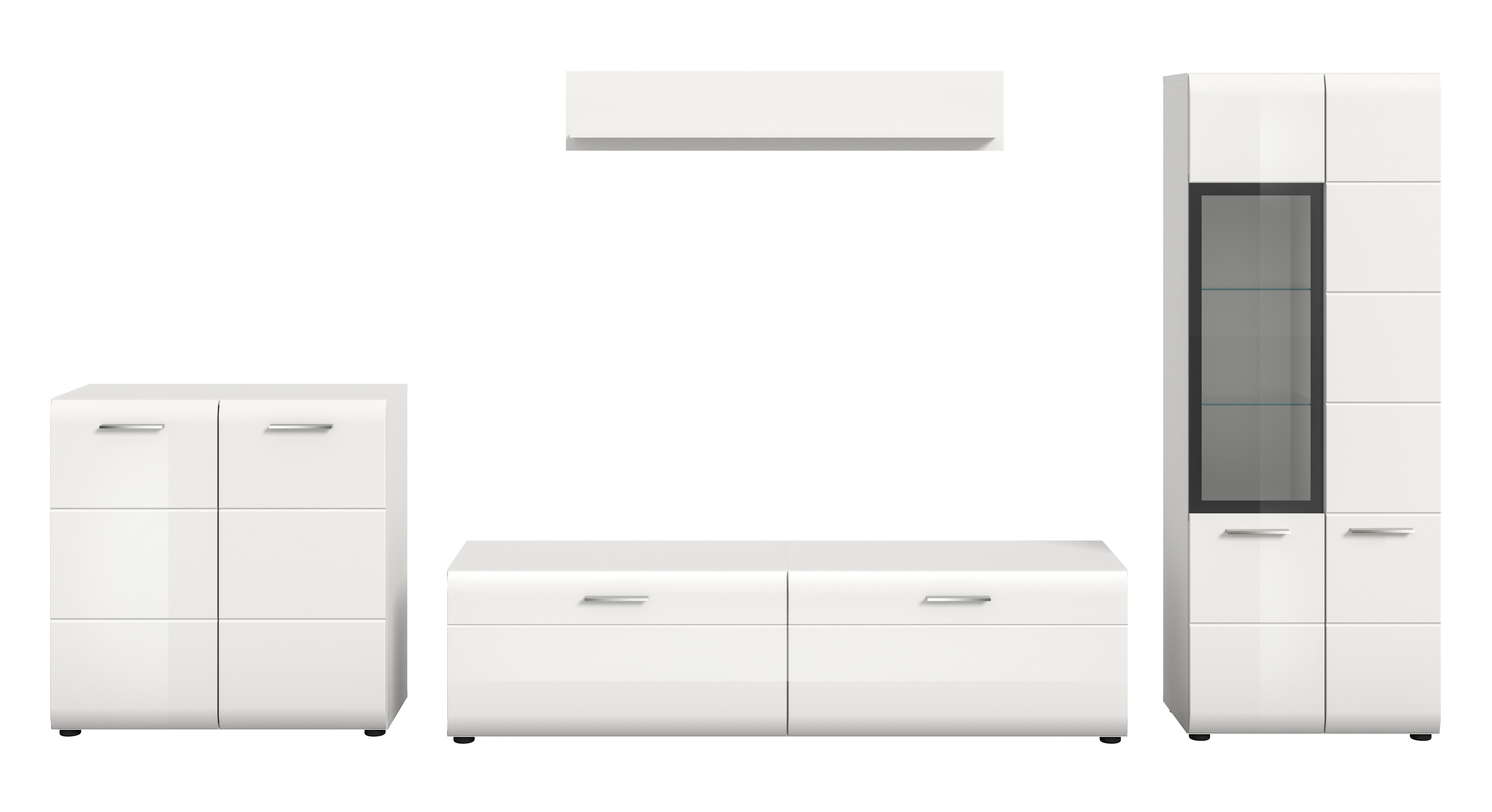 furnling Wohnzimmer-Set Ivy, (4-St., Kommode, Lowboard, Vitrine, Wandboard), Wohnzimmermöbel mit Rillenfräsung, Hochglanz Front, Breite 315 cm