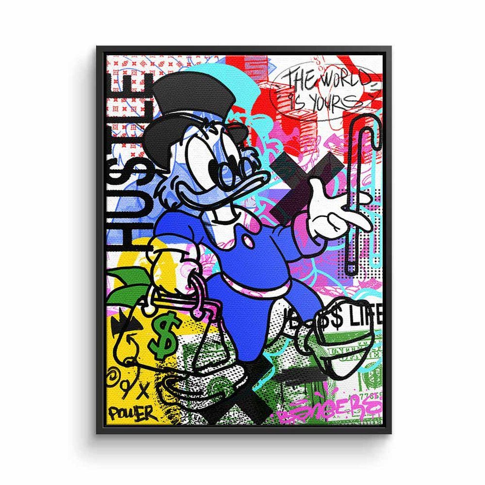 Leinwandbild weißer Graffiti Dagobert DOTCOMCANVAS® hustle Geld Pop Comic Duck Leinwandbild, Art Rahmen