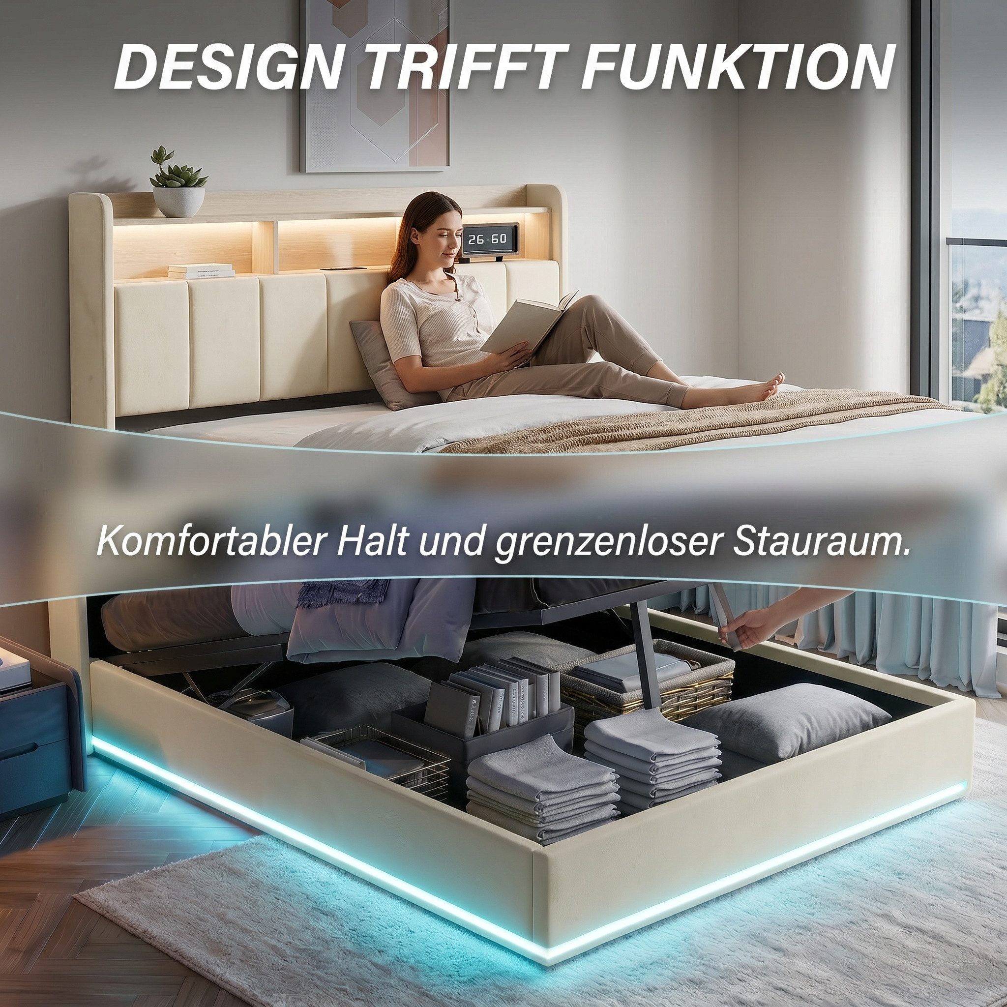 NMCXXO Polsterbett Modernes Bett mit LED-Beleuchtung und Stauraum (Kopfteil mit stauraum), Polsterbett mit Kopfteil, Ablage und LED-Beleuchtung