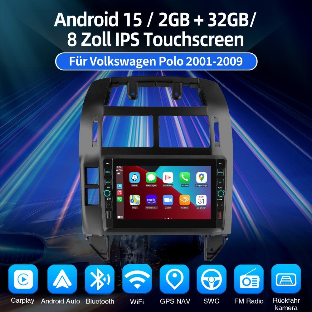 ESSGOO Für VW Polo 9N 2001-2009 CarPlay Android 15 Navi RDS Autoradio (RDS, Digitalradio (DAB), FM, AM, Carplay Android Auto Bluetooth EQ USB Navi WIFI)