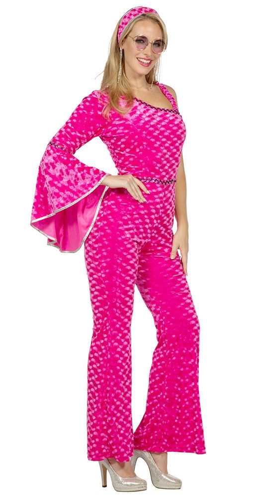 Karneval-Klamotten Kostüm 70er Jahre Disco Schlager Damen Catsuit Samt pink, Stretch Disco-Overall Damenkostüm Frauenkostüm Schlager Party Karneval