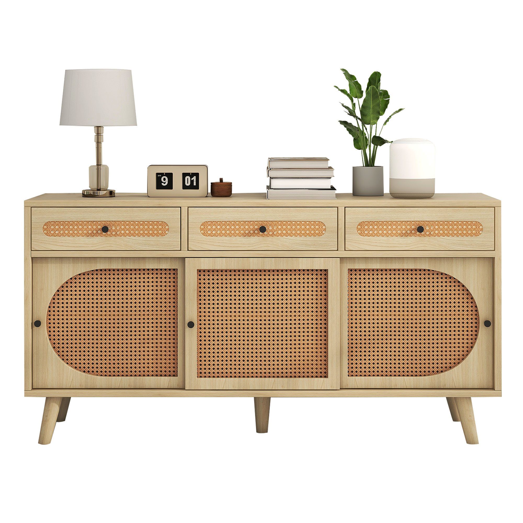 Merax Sideboard Landhausstil mit Schublade und 6 Fächer, Kommode mit Rattangeflecht,Anrichte,TV-Board,B:140cm