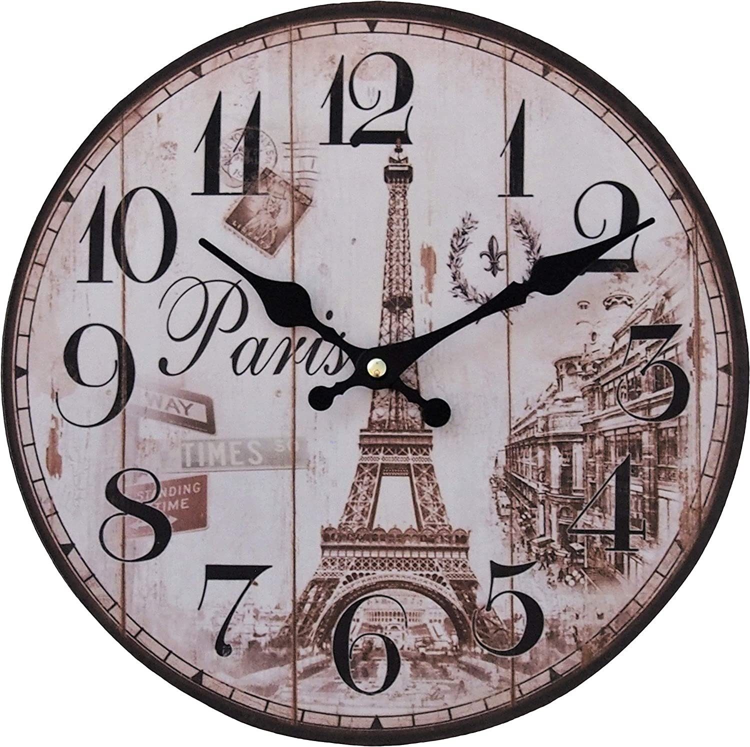PERLA pd DESIGN Wanduhr Wanduhr Paris Vintage Design MDF Ø28cm (Geräuscharmes Uhrwerk, Paris-Druck, MDF-Holz)