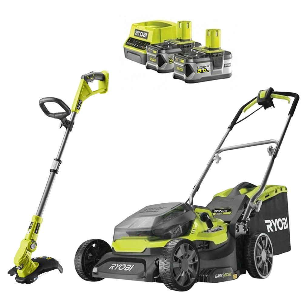 RYOBI Akku-Rasentrimmer 18 V ONE+ Garten Combo-Set Rasentrimmer + Rasenmäher + Akku & Ladegerä, (5 St)