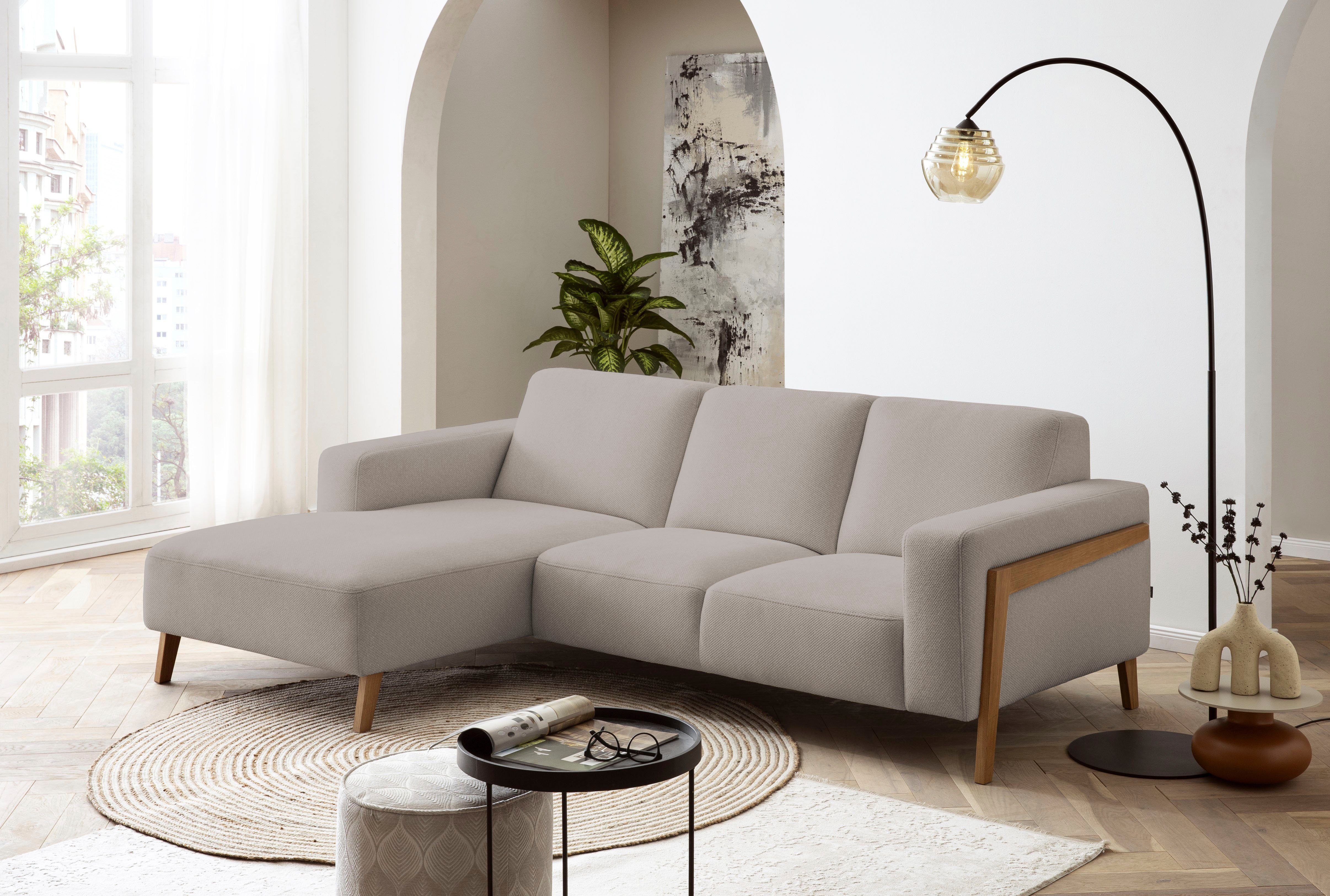 exxpo - sofa fashion Ecksofa Starr Scandic Design, tolle Verarbeitung, bequem, Sichtholz am Armteil, L-Form, wahlw. elektrische Sitztiefenverstellung, Massivholzfüße