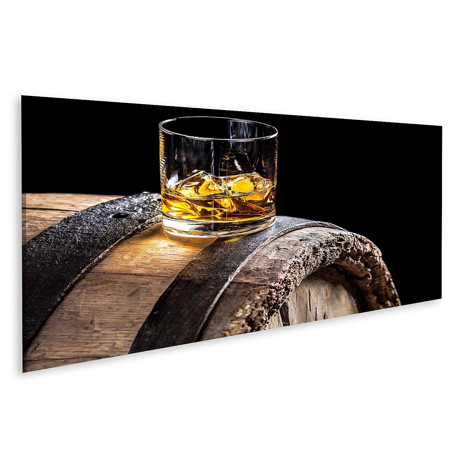 Leinwandbild Bild auf Leinwand Glas Whisky Mit Eis Auf Alten Eichenfass Wandbild L