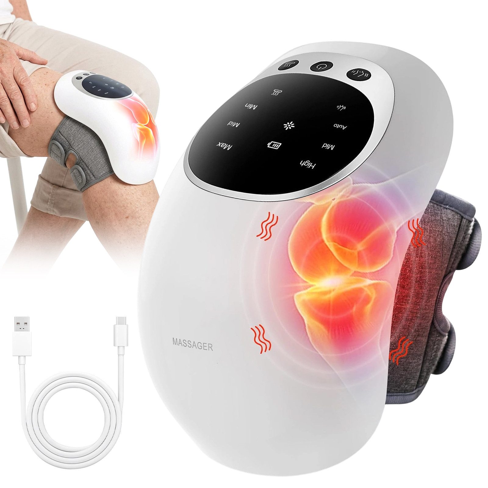 AKKEE Massagegerät Kniemassagegerät Kabelloses Knie Massagegerät mit Vibration & Wärme, 3 Intensitätsstufen, LCD-Display, Rotlichtfunktion, Vibration