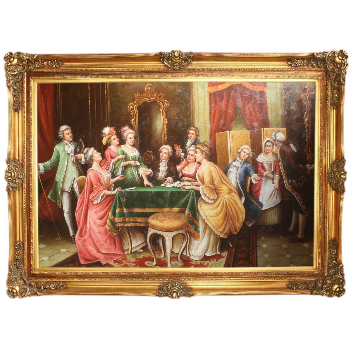 Casa Padrino Ölgemälde Riesiges Handgemaltes Barock Öl Gemälde Unterhaltungsabend Mod.2 Gold Prunk Rahmen 225 x 165 x 10 cm - Massives Material