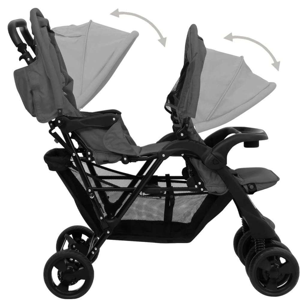 vidaXL Kinder-Buggy | Stahl Dunkelgrau Dunkelgrau Tandem-Zwillingskinderwagen Dunkelgrau