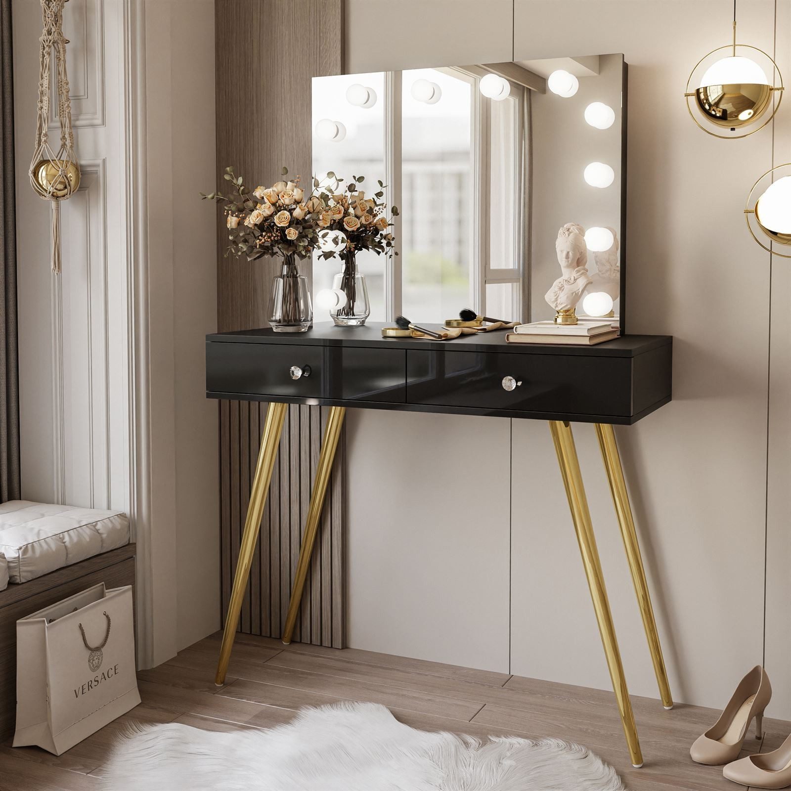ALLHOUSE24 Schminktisch NOEL GOLD ELITE Hochglanz/matt Spiegel und Glühbirnen Kosmetiktisch, Breite 100 cm