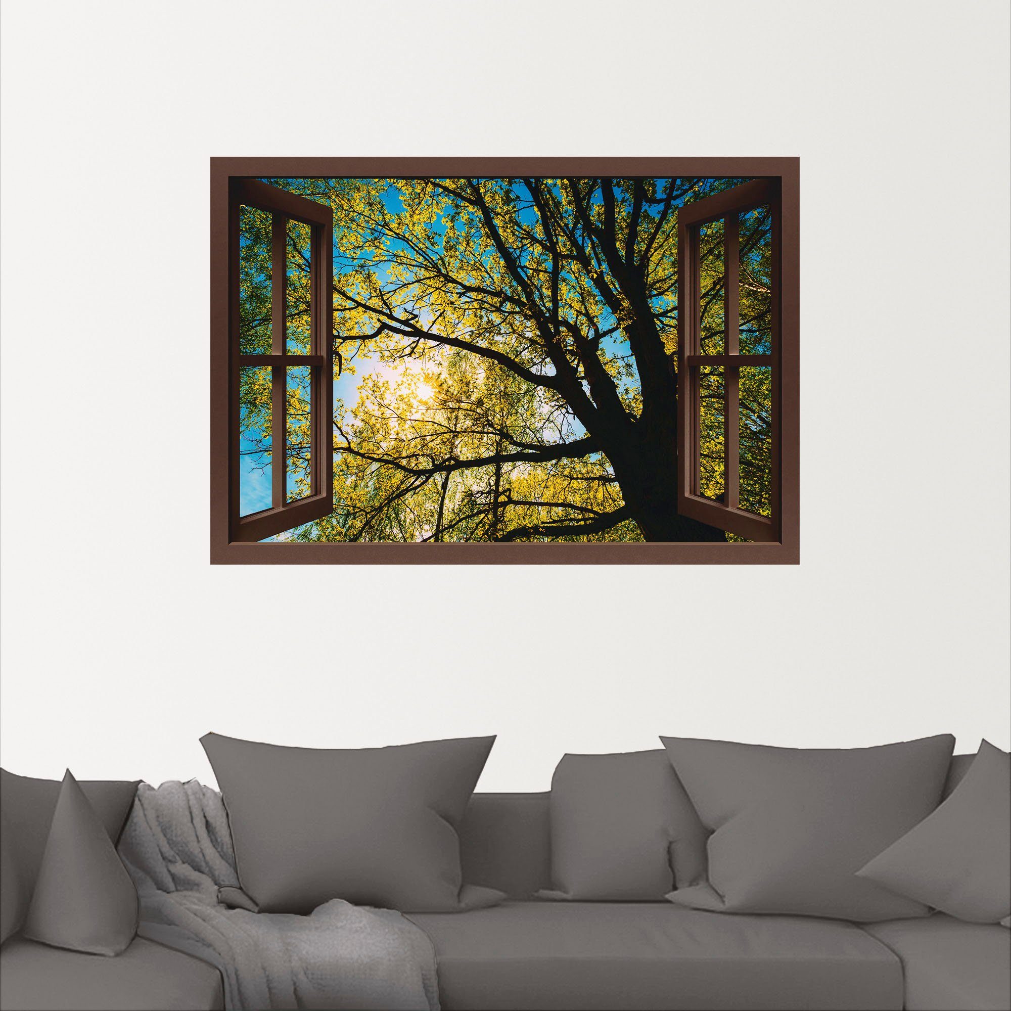 Artland Wandbild Fensterblick Frühlingssonne Baumkrone, Alubild, Poster in (1 versch. oder St), Größen Wandaufkleber Baumbilder als Leinwandbild
