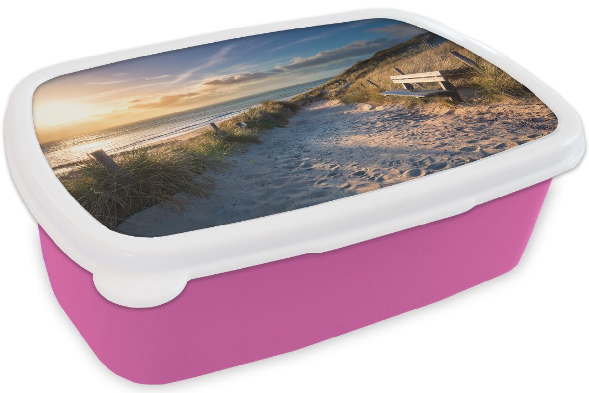 MuchoWow Lunchbox Sonnenuntergang - Düne Bank, Erwachsene, Strand Kinder, Kunststoff, - Mädchen, rosa Kunststoff - für Snackbox, (2-tlg), Brotbox Brotdose - Gras