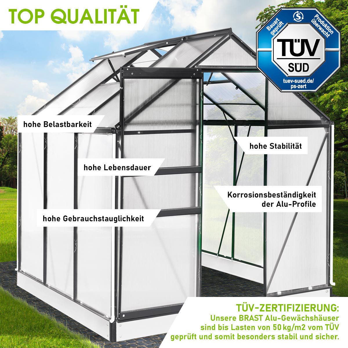 BRAST Gewächshaus Aluminium mit Fundament rostfrei 190x190x195cm TÜV geprüft, BxTxH: 190 x 190 x 195 cm, wetterfestes hochwertiges Aluminium, Temperaturbeständig, Wärmedämmend, Lichtbrechend & UV-stabilisiert