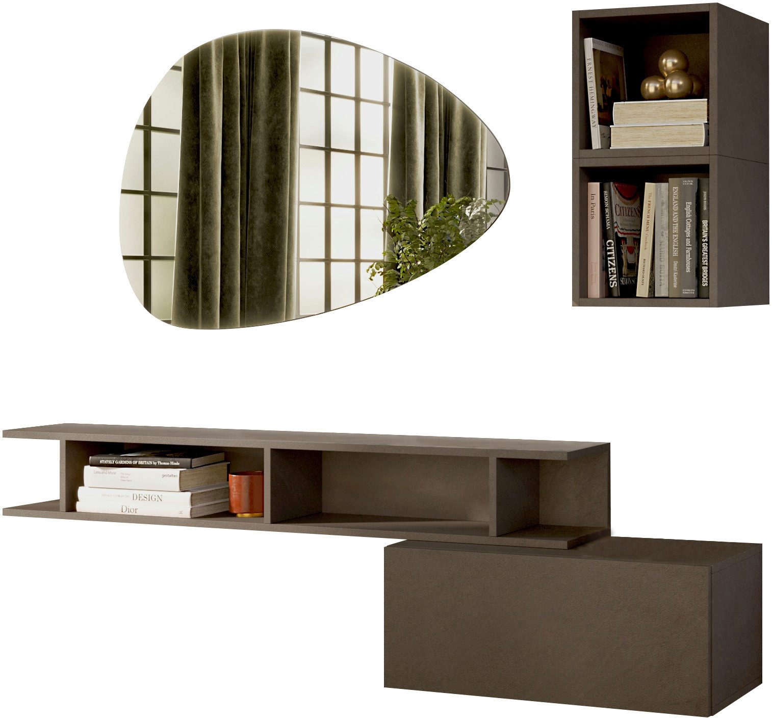 Home affaire Garderoben-Set Infinity, 4tlg. Breite 150 cm, Höhe variabel, moderne Garderobe, (Spar-Set, 4-St), (Hängeschrank, Wandregal, Würfelregal 2er Set, Spiegel) Diele, Flur